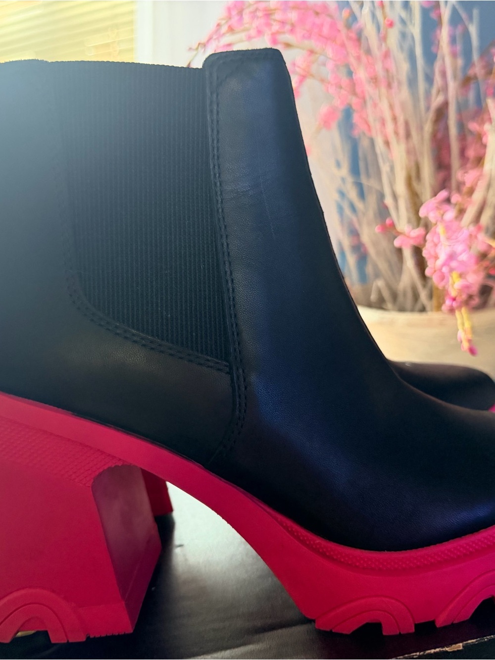 Sorel Black Ankle Chelsea Boot with Hot Pink Platform